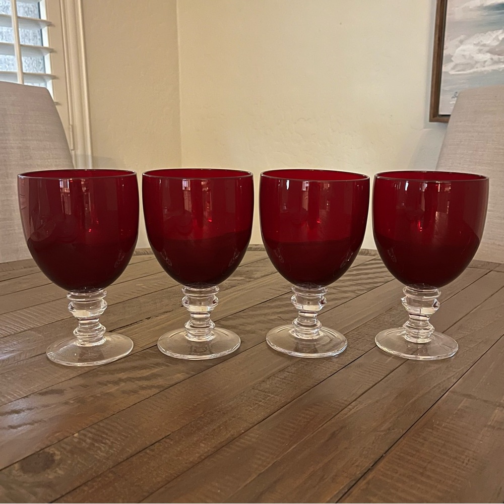 Set of 4 Ruby Red Zrike Camelot Water Goblets Approx Height: 6 5/8 Handblown